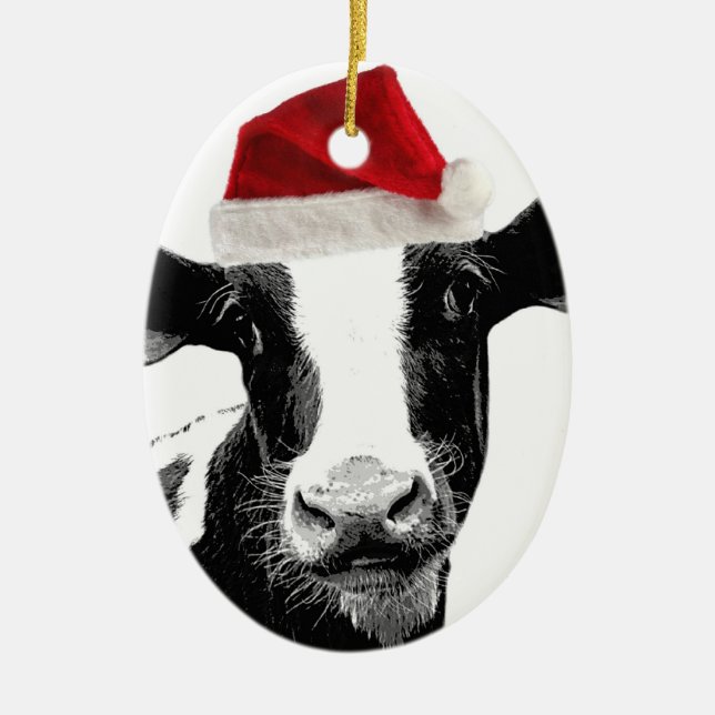 Santa Cow - Dairy Cow wearing Santa Hat Ceramic Ornament (Front)
