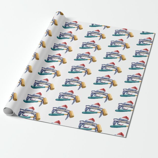 Santa Crab with Mallet Christmas wrapping paper (Unrolled)