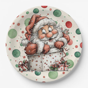 Santa Crawling Out of Gift Box Paper Plate