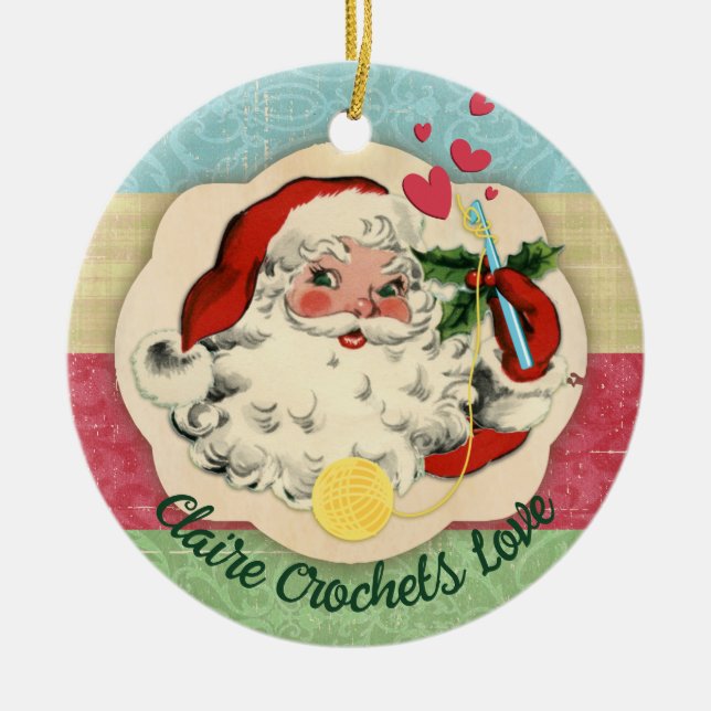 Santa crochet hook love personalized Christmas Ceramic Ornament (Front)