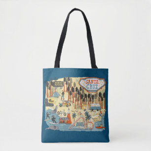 Santa Cruz California Illustrated Map Blue Tote Bag