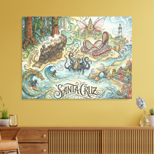 Santa Cruz California Illustrated Map Mythical Canvas Print
