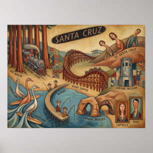 Santa Cruz California Whimsical Map UCSC Boardwalk Poster