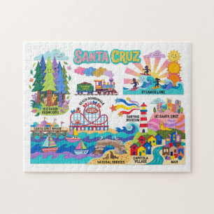 Santa Cruz Illustrated Map Boardwalk Beach Surfing Jigsaw Puzzle
