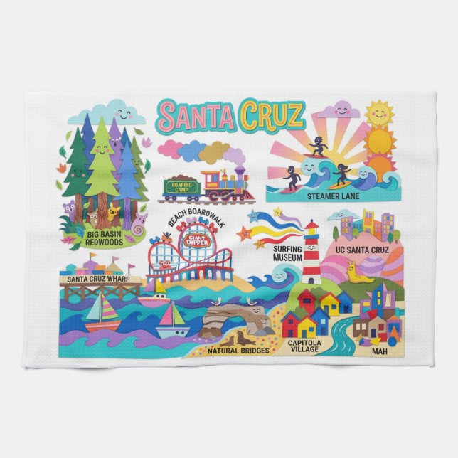 Santa Cruz Illustrated Map Boardwalk Beach Surfing Kitchen Towel (Horizontal)