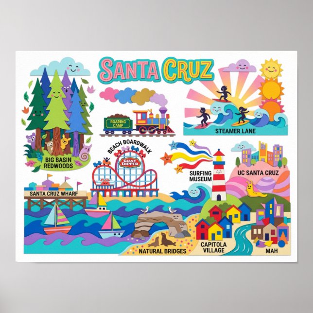 Santa Cruz Illustrated Map Boardwalk Beach Surfing Poster (Front)