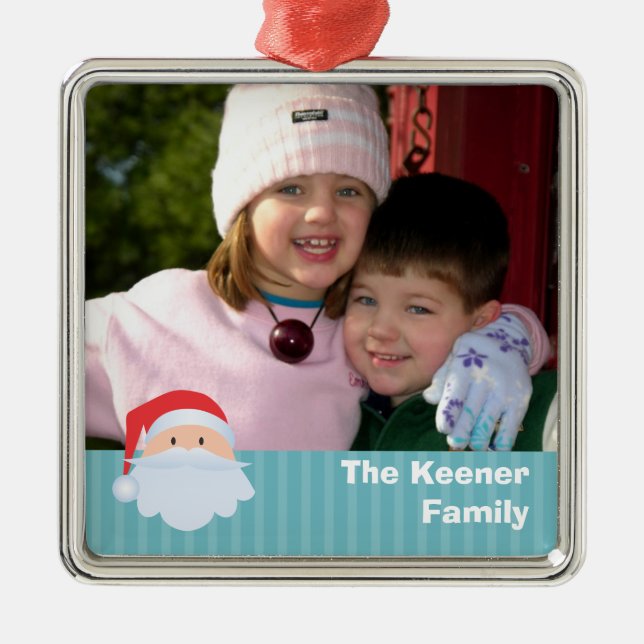 Santa custom photo blue stripes family keepsake metal ornament (Front)