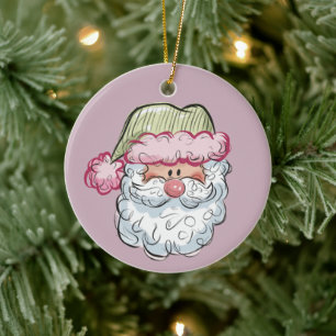 Santa Cute Santa Claus Xmas Holiday Pink  Ceramic Ornament