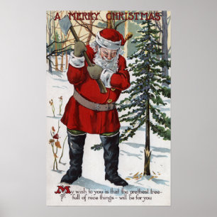 Santa Cutting Down Christmas Tree Poster