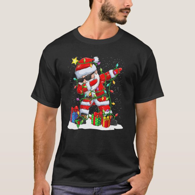 Santa Dabbing Christmas  Tree Light Xmas Claus T-Shirt (Front)