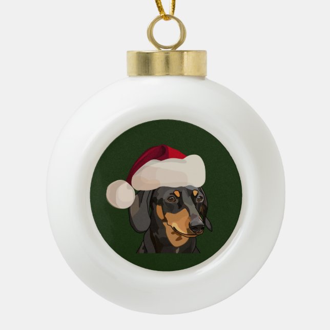 Santa Dachshund Christmas Ceramic Ball Christmas Ornament (Front)