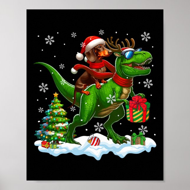 Santa Dachshund Riding Reindeer T-rex Christmas Ki Poster (Front)