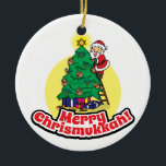 Santa decorating tree for Chrismukkah Ceramic Ornament<br><div class="desc">Celebrate Chrismukkah this year with this fun santa decorating the Christmas tree with dreidels.</div>