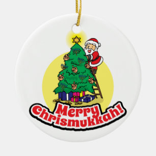 Santa decorating tree for Chrismukkah Ceramic Ornament