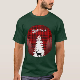santa deer christmas tree red checkered plaid T-Shirt