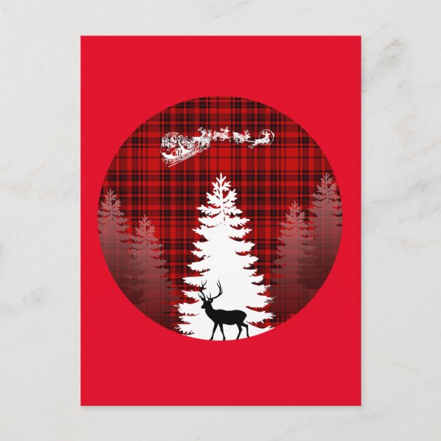 santa deer christmas tree red chequered plaid postcard (Front)
