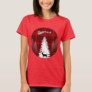 santa deer christmas tree red chequered plaid T-Shirt