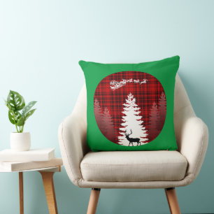 santa deer christmas tree red chequered plaid throw pillow