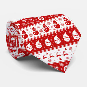 Santa, Deers and Snowflakes White & Red Christmas Tie