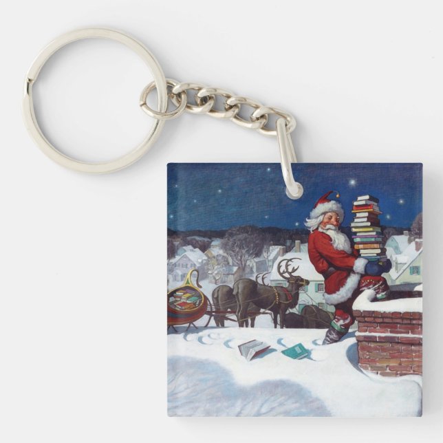 Santa delivering armload of books by N.C. Wyeth Keychain (Front)