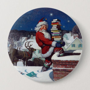 Santa delivering armload of books by Wyeth 4 Inch Round Button