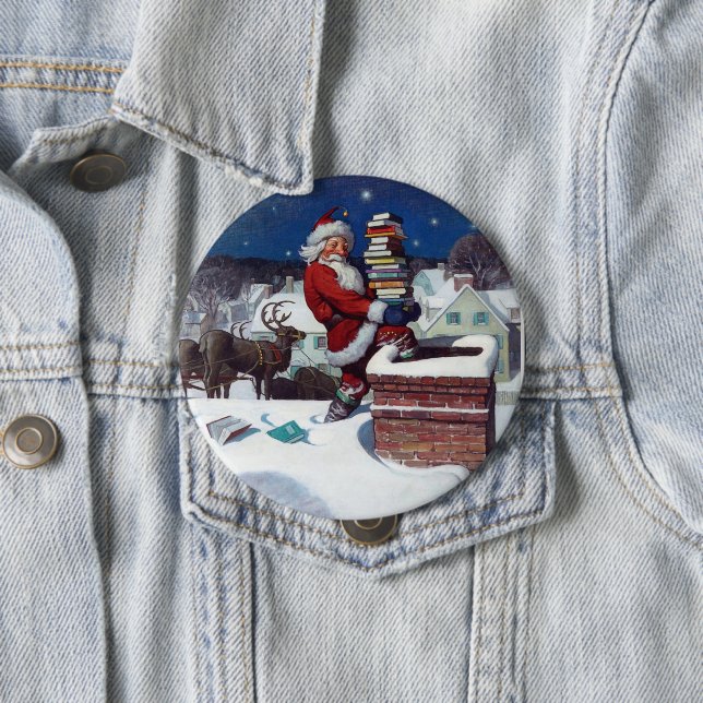 Santa delivering armload of books by Wyeth, 4 Inch Round Button (In Situ)