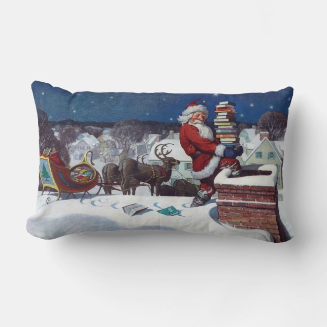 Santa delivering armload of books by Wyeth Lumbar Pillow (Front)
