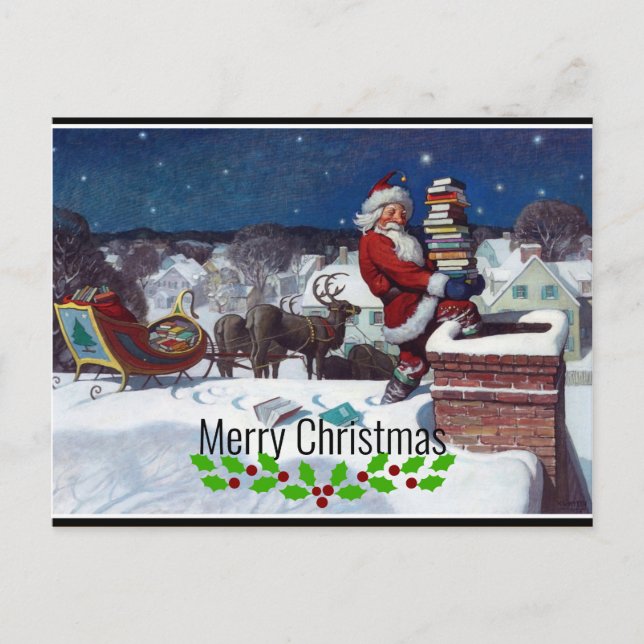 Santa delivering armload of books by Wyeth Postcard (Front)