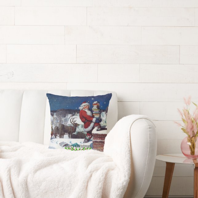 Santa delivering armload of books by Wyeth Throw Pillow (Couch)