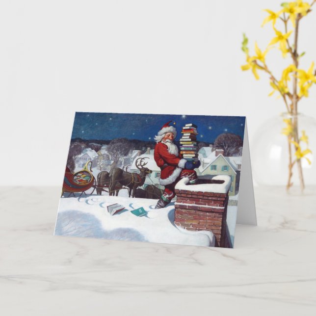 Santa Delivering Armload of Books Card (Yellow Flower)