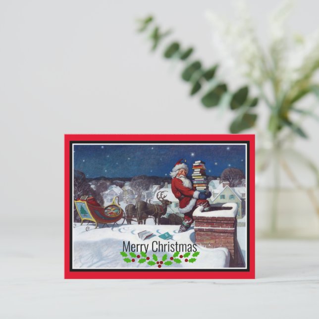 Santa delivering armload of books postcard (Standing Front)
