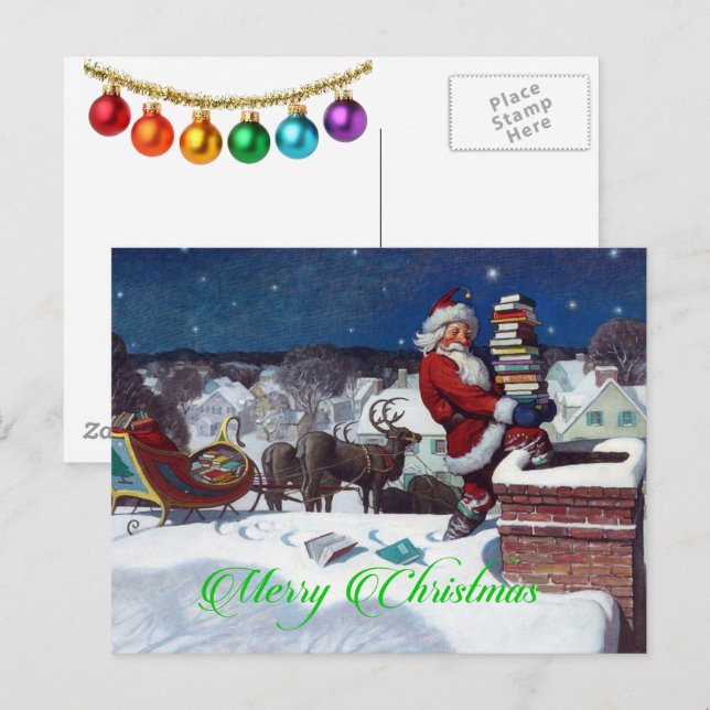 Santa delivering armload of books postcard (Front/Back)