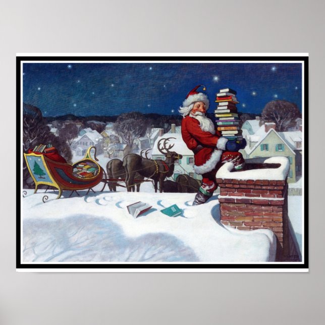 Santa Delivering Books at Christmas, Poster (Front)
