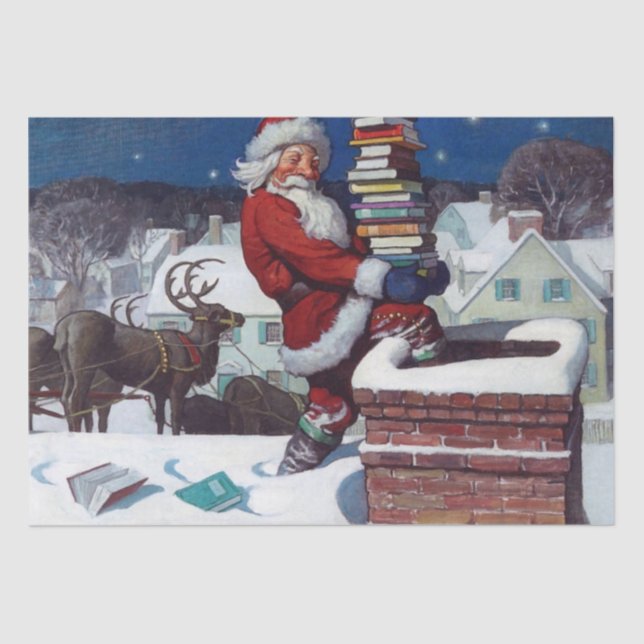 Santa Delivering Books at Christmas, Tissue Paper (Front)