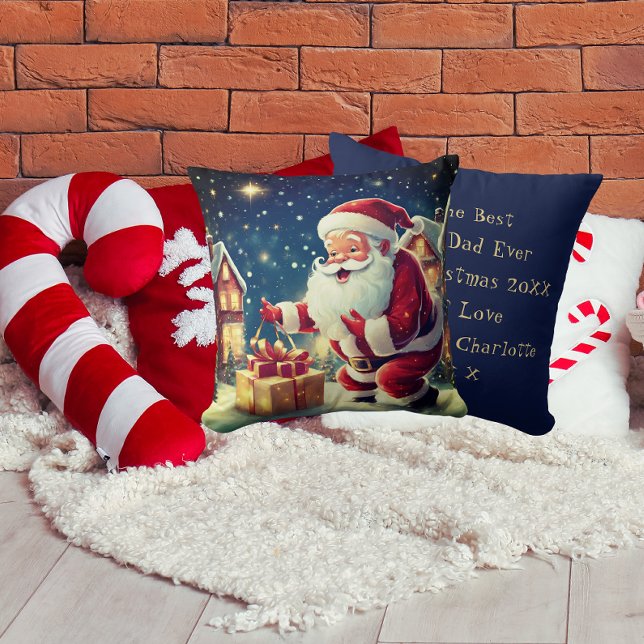 Santa Delivering Christmas Gifts | Mom & Dad Blue Throw Pillow (Front And Back)
