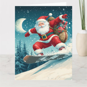 Santa delivering Christmas presents on a snowboard Card