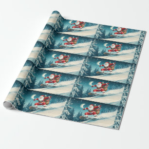 Santa delivering Christmas presents on a snowboard Wrapping Paper