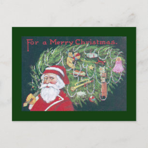 Santa Delivering Christmas Tree Holiday Postcard