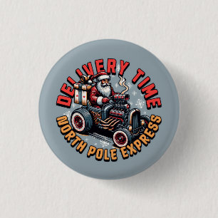 Santa delivering gifts in a classic hot rod. 1 inch round button