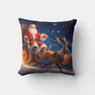 Santa Delivering Toys on a Slope with Reindeer Throw Pillow