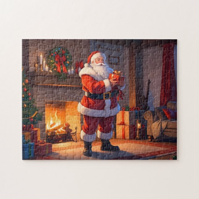 Santa Delivers Gifts by a Warm Christmas Fireplace Jigsaw Puzzle (Horizontal)