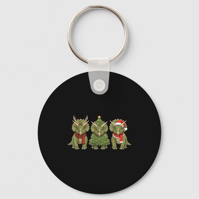 Santa Dinosaur Christmas Tree Triceratops Lover Xm Keychain (Front)