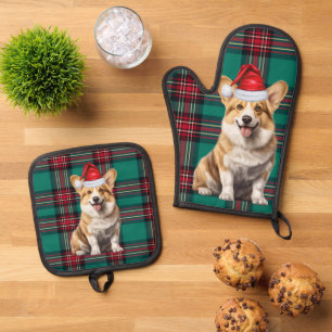 Santa Dog Welsh Corgi Holiday Plaid Christmas Oven Mitt & Pot Holder Set
