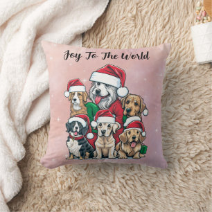 Santa Dogs Joy To The World Christmas Throw Pillow