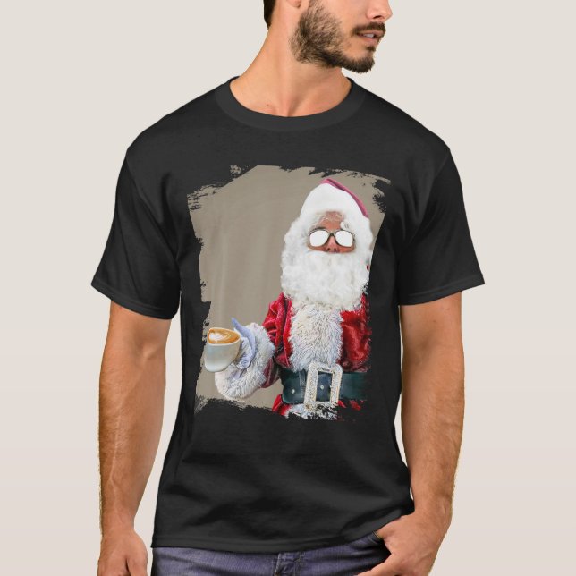 Santa Drinking Coffee Christmas Funny T-Shirt (Front)