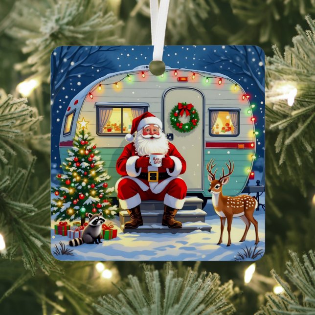 Santa Drinking Hot Cocoa outside his RV Christmas Metal Ornament (Insitu)