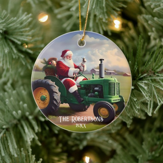 Santa Driving a Green Tractor Ceramic Ornament (Tree)