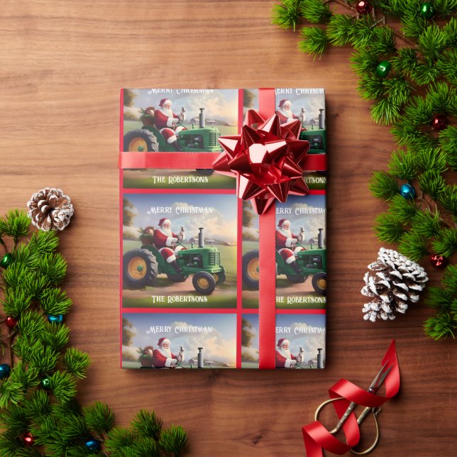 Santa Driving a Green Tractor Wrapping Paper (Holiday Gift)