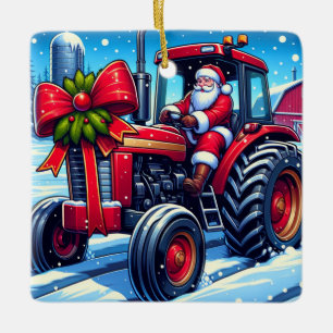 Santa Driving A Red Tractor In the Snow Christmas Ceramic Ornament