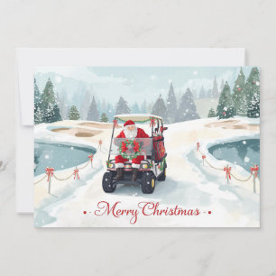 Santa Driving Golf Cart on Winter Golf Course  Holiday Card